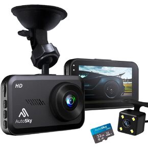 كاميرا AutoSky Dash Cam الأمامية والخلفية - كاميرا Dash للسيارات Mini Dash Cam Full HD مع بطاقة ذاكرة 32 جيجابايت، شاشة IPS 3 بوصة، قفل الحوادث، تسجيل حلقة، مراقبة وقوف السيارات، كشف الحركة in Kuwait