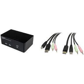 StarTech.com Dual Monitor DisplayPort KVM Switch - 2 Port - USB 2.0 Hub - Audio and Microphone - DP KVM Switch (SV231DPDDUA) & 6ft 4-in-1 USB DisplayPort KVM Switch Cable w/Audio & Microphone
