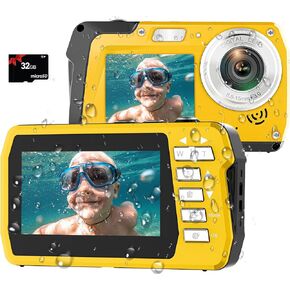 4K Underwater Camera with 32GB Card 11FT Waterproof Camera 48MP Autofocus IPS Dual-Screen(3"/2") Selfie Underwater Cameras for Snorkeling, Digital Camera 1500mAh Battery Cover Easy to Open(Yellow) in Kuwait