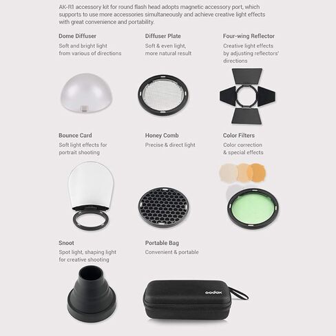 غودوكس مجموعة ملحقات مصباح فلاش للجيب AK-R1 متوافقة مع سلسلة فلاش غودوكس V1 وV1-S V1-N V1-C وغيرها من الفلاش المستدير، استخدم رأس فلاش غودوكس H200R متوافق مع AD200 AD200 برو in Kuwait