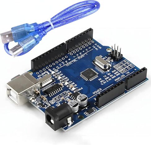 UNO R3 Board ATmega328P with USB Cable(Arduino-Compatible) for Arduino, Input Voltage 7-12V, 16MHZ,14 Digital 1/0 pins Support PWM, SRAW 2KB, Compatible with RPi 4B/3B+/3B/2B/B+/Zero/Zero W in Kuwait