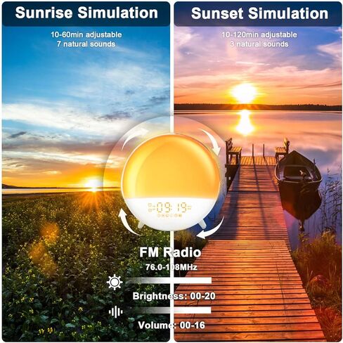 Wake Up Light Sunrise Alarm Clock for Heavy Sleepers Adults, Kids, Teens, Bedroom, with Sunrise/Sunset Simulation, Dual Alarms, FM Radio, Snooze, 7 Natural Sounds/Colors, Ideal Gift in Kuwait