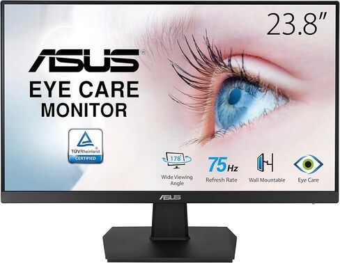شاشة كمبيوتر ASUS 23.8 بوصة عالية الدقة بالكامل، 1080 بكسل، HDMI، VGA، العناية بالعين، زاوية عرض واسعة 178 درجة - VA249HE، أسود in Kuwait