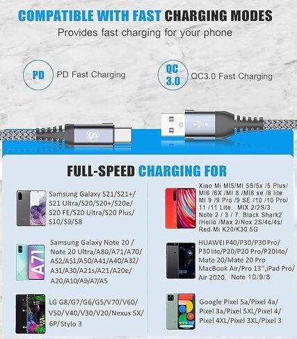 كابل USB من النوع C شحن سريع 3.1 أمبير [3 عبوات، 10 أقدام + 6.6 أقدام + 3.3 أقدام]، شاحن Sweguard USB-A إلى USB-C سلك مجدول من النايلون لهاتف Samsung Galaxy S21 S20 S10 S9 S8 Plus، Note 20 10 9 8 7، A71 A51 A32، إل جي، موتو، PS5-رمادي in Kuwait