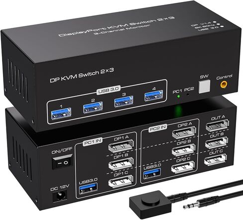 8K KVM Switch 3 شاشات 2 جهاز كمبيوتر Displayport 4K @ 120 هرتز USB 3.0 KVM Switches DP 1.4 مراقب التبديل لجهازي كمبيوتر مع 4 منافذ USB تدعم الوضع الممتد والنسخ، مع محول تيار مستمر 12 فولت و2 كابلات USB in Kuwait
