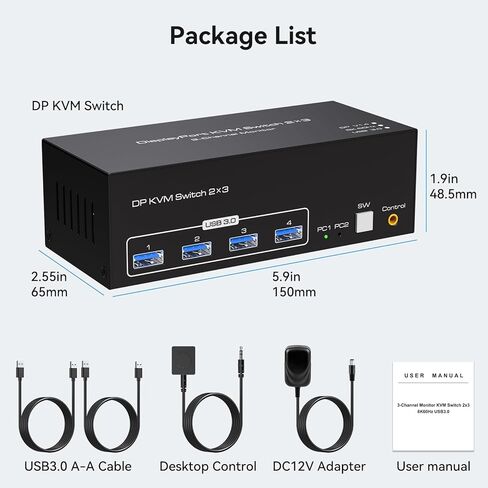 8K KVM Switch 3 شاشات 2 جهاز كمبيوتر Displayport 4K @ 120 هرتز USB 3.0 KVM Switches DP 1.4 مراقب التبديل لجهازي كمبيوتر مع 4 منافذ USB تدعم الوضع الممتد والنسخ، مع محول تيار مستمر 12 فولت و2 كابلات USB in Kuwait