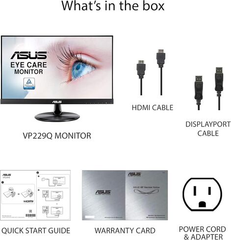 شاشة ASUS VP229Q مقاس 21.5 بوصة، بدقة 1080 بكسل كاملة الوضوح، و75 هرتز، وIPS، ومزامنة مجانية/مزامنة تكيفية، والعناية بالعين، ومنفذ HDMI DisplayPort VGA، بدون إطار، وقابل للتثبيت على الحائط وفقًا لمعايير VESA باللون الأسود in Saudi Arabia