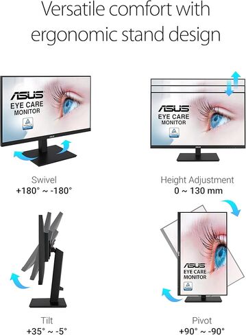 شاشة ASUS 23.8 بوصة 1080 بكسل (VA24DQSB) - دقة عالية كاملة، IPS، 75 هرتز، مكبرات صوت متزامنة، ضوء أزرق منخفض وميض خالٍ من الوميض، بدون إطار قابل للتركيب، منفذ HDMI DisplayPort، VGA، محور USB قابل للتعديل، أسود، 12.8 بوصة × 21.3 بوصة × 2.1 " in Kuwait