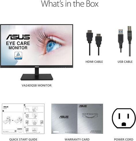 شاشة ASUS 23.8 بوصة 1080 بكسل (VA24DQSB) - دقة عالية كاملة، IPS، 75 هرتز، مكبرات صوت متزامنة، ضوء أزرق منخفض وميض خالٍ من الوميض، بدون إطار قابل للتركيب، منفذ HDMI DisplayPort، VGA، محور USB قابل للتعديل، أسود، 12.8 بوصة × 21.3 بوصة × 2.1 " in Kuwait