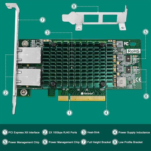 واجهة FengSmart PCIE X8 إلى محول شبكة منافذ RJ45 بسرعة 2X 10 جيجابت في الثانية، وحدة تحكم إيثرنت Intel X540-AT2، بطاقة PCIE NIC لواجهة 2X 10 جيجابت في الثانية، محول الشبكة المتقارب PCI Express 10 جيجابت (X540T2) in Kuwait