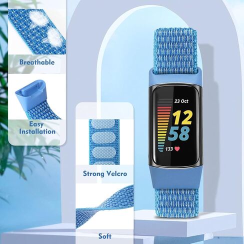 متوافق مع Fitbit Charge 6 Bands/Fitbit Charge 5 Bands للنساء والرجال، أساور معصم بديلة ناعمة قابلة للتنفس من النايلون الفيلكرو لـ Fitbit Charge 5/Fitbit Charge 6 in Kuwait