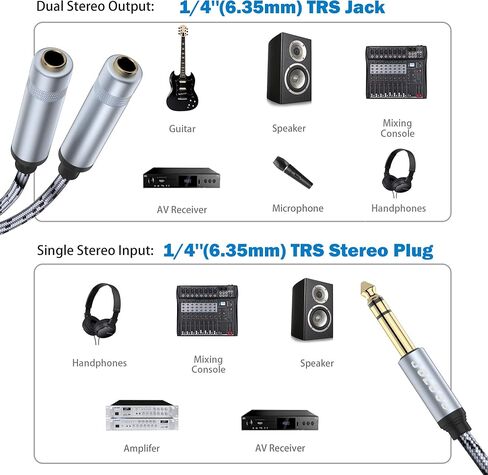 JOLGOO 1/4 Splitter Adapter Cable 12 inches, 6.35mm Stereo Plug Male to Dual 6.35mm Jack Female Y Splitter Cable, 30cm / 12 inches in Kuwait