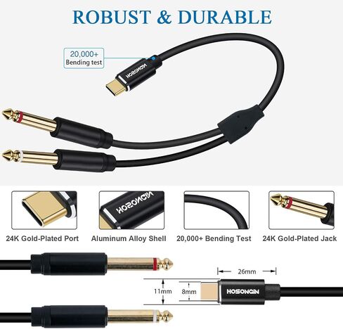 HOSONGIN USB C to 1/4" Audio Cable, Type-C to Dual 6.35mm TS Splitter for iPhone, MacBook, Galaxy, Mixer, Amp, Speaker, 6 Feet in Kuwait