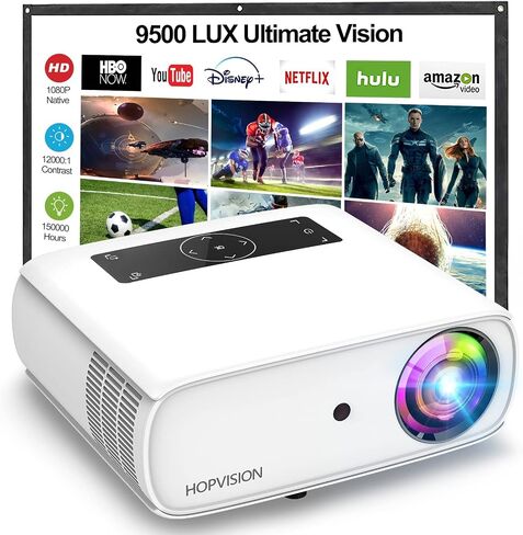 HOPVISION Native 1080P Projector Full HD, 15000Lux Movie Projector with 150000 Hours LED Lamp Life, Support 4K 350" Home Outdoor Projector for Smartphone/ PC/ Laptop/ PS4/ TV Stick/ EXCEL/ PPT in Saudi Arabia