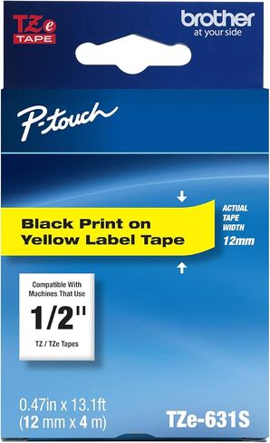 Brother Genuine P-Touch TZE-631 Tape, 1/2" (0.47") Standard Laminated P-Touch Tape, Black on Yellow, Laminated for Indoor or Outdoor Use, Water Resistant, 26.2 Feet (8M), Single-Pack in Saudi Arabia