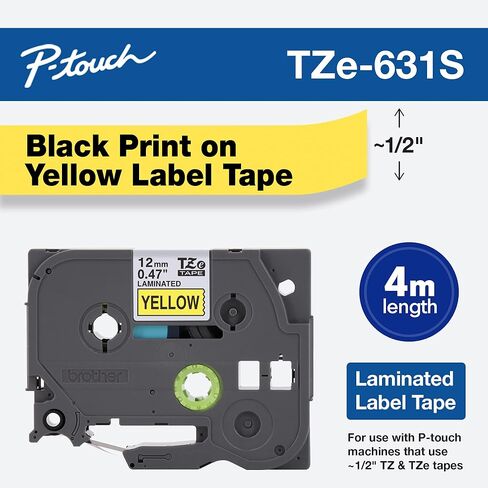 Brother Genuine P-Touch TZE-631 Tape, 1/2" (0.47") Standard Laminated P-Touch Tape, Black on Yellow, Laminated for Indoor or Outdoor Use, Water Resistant, 26.2 Feet (8M), Single-Pack in Saudi Arabia