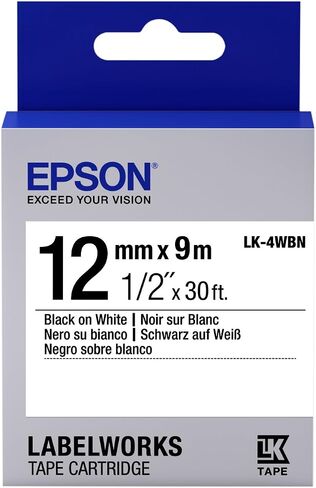 Epson LabelWorks Standard LK (Replaces LC) Tape Cartridge ~1/2" Black on White (LK-4WBN) - for use with LabelWorks LW-300, LW-400, LW-600P and LW-700 Label Printers in Saudi Arabia