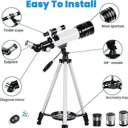 تلسكوب للأطفال والمبتدئين - فتحة 70 مم 400 مم - تلسكوب انكسار فلكي من الألف إلى الياء للبالغين المبتدئين، مع حقيبة حمل، محول هاتف وجهاز تحكم عن بعد لاسلكي، هدايا علم الفلك للأطفال in Kuwait