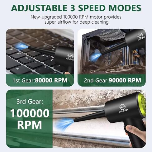 Compressed Air Duster, 3 Speeds Cordless Electric Air Duster with LED Light for Computer Keyboard Cleaning, Enhanced 100000 RPM Air Blower, 6000mAh Rechargeable Battery, New Generation Canned Airs in Saudi Arabia