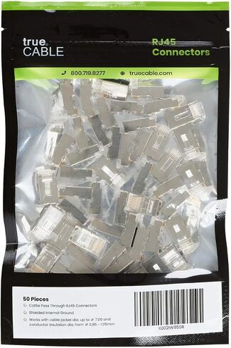 trueCABLE Cat6/6A RJ45 Pass Through Modular Plugs, Shielded (STP) External Ground Connector, UL Listed, EZ Crimp, Gold Plated 3 Prong 8P8C, 100 Pieces in Kuwait