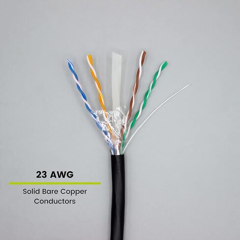 كابل إيثرنت خارجي TRUE CABLE Cat6، محمي F/UTP، 1000 قدم، أسود، مقاوم للأشعة فوق البنفسجية، سترة OSP، 23AWG من النحاس الصلب العاري، 550 ميجاهرتز، PoE++ (4PPoE) in Kuwait