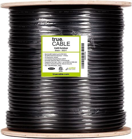 كابل إيثرنت خارجي TRUE CABLE Cat6، محمي F/UTP، 1000 قدم، أسود، مقاوم للأشعة فوق البنفسجية، سترة OSP، 23AWG من النحاس الصلب العاري، 550 ميجاهرتز، PoE++ (4PPoE) in Kuwait