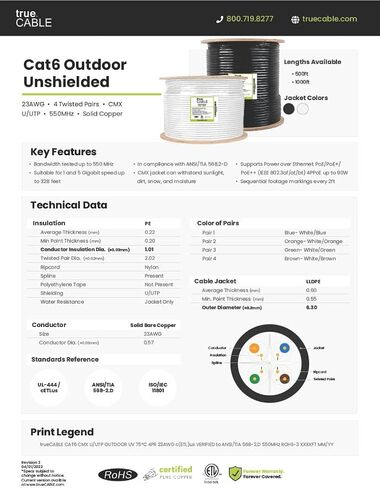 كابل إيثرنت خارجي TRUE CABLE Cat6، محمي F/UTP، 1000 قدم، أسود، مقاوم للأشعة فوق البنفسجية، سترة OSP، 23AWG من النحاس الصلب العاري، 550 ميجاهرتز، PoE++ (4PPoE) in Kuwait