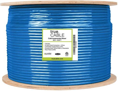 TRUE CABLE Cat6A Riser (CMR), Bulk Ethernet Cable, 1000ft, Blue, 23AWG Solid Bare Copper, Unshielded Twisted Pair (U/UTP), 750MHz, PoE++ 100W, ETL Listed in Kuwait