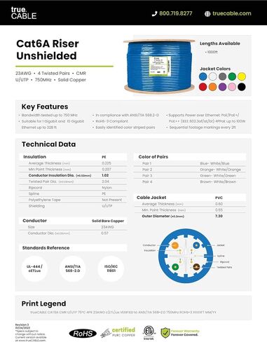 TRUE CABLE Cat6A Riser (CMR), Bulk Ethernet Cable, 1000ft, Blue, 23AWG Solid Bare Copper, Unshielded Twisted Pair (U/UTP), 750MHz, PoE++ 100W, ETL Listed in Kuwait