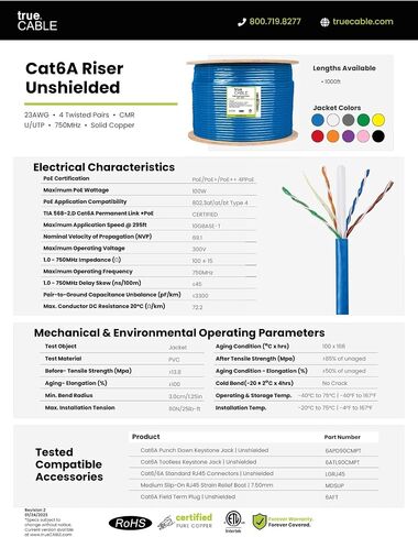 TRUE CABLE Cat6A Riser (CMR), Bulk Ethernet Cable, 1000ft, Blue, 23AWG Solid Bare Copper, Unshielded Twisted Pair (U/UTP), 750MHz, PoE++ 100W, ETL Listed in Kuwait