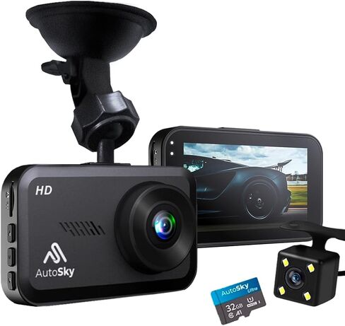 كاميرا AutoSky Dash Cam الأمامية والخلفية - كاميرا Dash للسيارات Mini Dash Cam Full HD مع بطاقة ذاكرة 32 جيجابايت، شاشة IPS 3 بوصة، قفل الحوادث، تسجيل حلقة، مراقبة وقوف السيارات، كشف الحركة in Kuwait