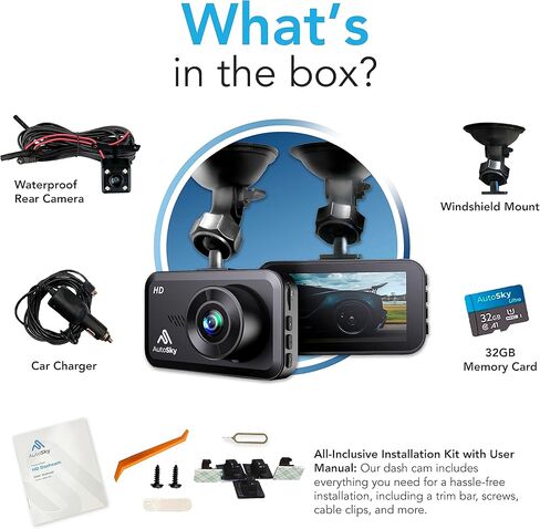 كاميرا AutoSky Dash Cam الأمامية والخلفية - كاميرا Dash للسيارات Mini Dash Cam Full HD مع بطاقة ذاكرة 32 جيجابايت، شاشة IPS 3 بوصة، قفل الحوادث، تسجيل حلقة، مراقبة وقوف السيارات، كشف الحركة in Kuwait