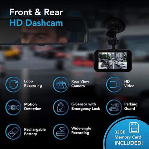 كاميرا AutoSky Dash Cam الأمامية والخلفية - كاميرا Dash للسيارات Mini Dash Cam Full HD مع بطاقة ذاكرة 32 جيجابايت، شاشة IPS 3 بوصة، قفل الحوادث، تسجيل حلقة، مراقبة وقوف السيارات، كشف الحركة in Kuwait