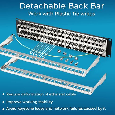 Rapink Patch Panel 24 Port Cat6A with Inline Keystone 10G Support, Coupler Patch Panel STP Shielded 19-Inch with Removable Back Bar, 1U Network Panel for Cat7, Cat6, Cat6A, Cat5e in Kuwait