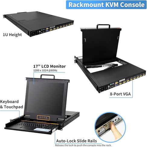 وحدة تحكم التبديل في جي ايه KVM 8 منافذ من كينان مع شاشة TFT LCD مقاس 17 بوصة TFT مقاس LCD، لوحة مفاتيح تعمل باللمس، 1280×1024@60Hz، مجموعة أدراج 1U KVM مع كابلات VGA/USB in Kuwait