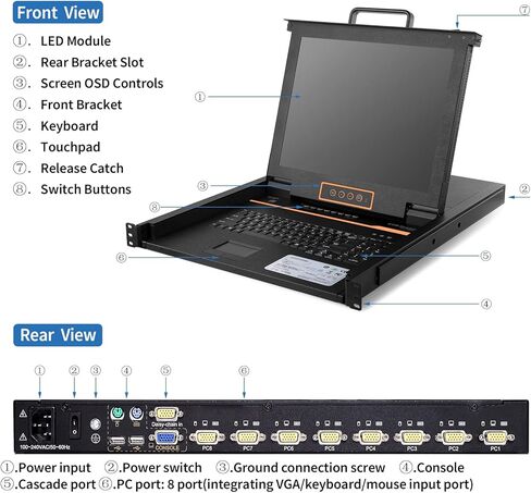 وحدة تحكم التبديل في جي ايه KVM 8 منافذ من كينان مع شاشة TFT LCD مقاس 17 بوصة TFT مقاس LCD، لوحة مفاتيح تعمل باللمس، 1280×1024@60Hz، مجموعة أدراج 1U KVM مع كابلات VGA/USB in Kuwait