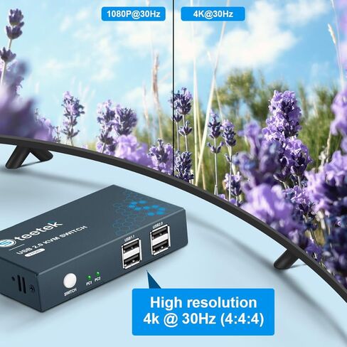 HDMI KVM Switch 1 شاشات 2 جهاز كمبيوتر مع 4 منافذ USB 2.0، يدعم UHD 4K @ 30 هرتز، مفتاح KVM 2 منفذ بواسطة زر التبديل، 2 كابلات USB متضمنة in Kuwait