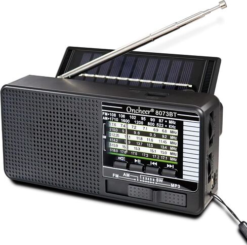 Oncheer Portable FM/AM/SW Radio, Build-in Bluetooth Speaker, Powered by Rechargeable Battery with Solar Panel for Charging, Emergency LED Light, Stretch Antenna, Support TF Card USB Mp3 Player in Kuwait
