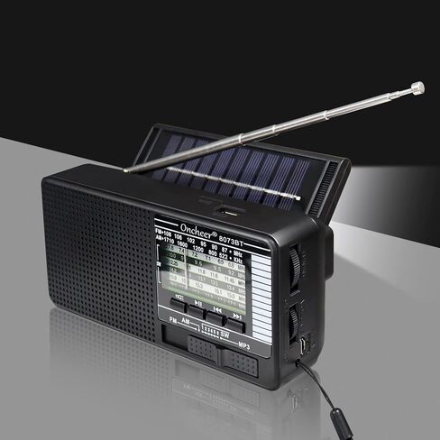 Oncheer Portable FM/AM/SW Radio, Build-in Bluetooth Speaker, Powered by Rechargeable Battery with Solar Panel for Charging, Emergency LED Light, Stretch Antenna, Support TF Card USB Mp3 Player in Kuwait