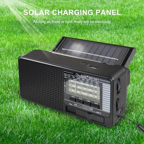 Oncheer Portable FM/AM/SW Radio, Build-in Bluetooth Speaker, Powered by Rechargeable Battery with Solar Panel for Charging, Emergency LED Light, Stretch Antenna, Support TF Card USB Mp3 Player in Kuwait