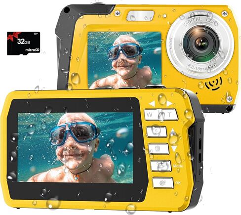 4K Underwater Camera with 32GB Card 11FT Waterproof Camera 48MP Autofocus IPS Dual-Screen(3"/2") Selfie Underwater Cameras for Snorkeling, Digital Camera 1500mAh Battery Cover Easy to Open(Yellow) in Kuwait