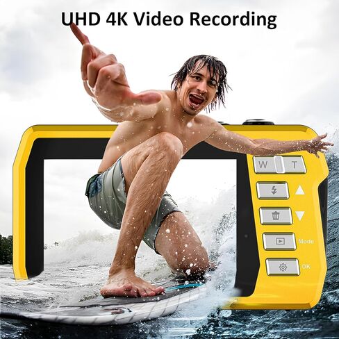 4K Underwater Camera with 32GB Card 11FT Waterproof Camera 48MP Autofocus IPS Dual-Screen(3"/2") Selfie Underwater Cameras for Snorkeling, Digital Camera 1500mAh Battery Cover Easy to Open(Yellow) in Kuwait