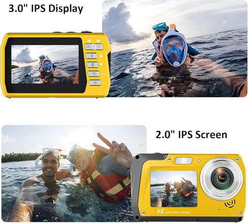 4K Underwater Camera with 32GB Card 11FT Waterproof Camera 48MP Autofocus IPS Dual-Screen(3"/2") Selfie Underwater Cameras for Snorkeling, Digital Camera 1500mAh Battery Cover Easy to Open(Yellow) in Kuwait