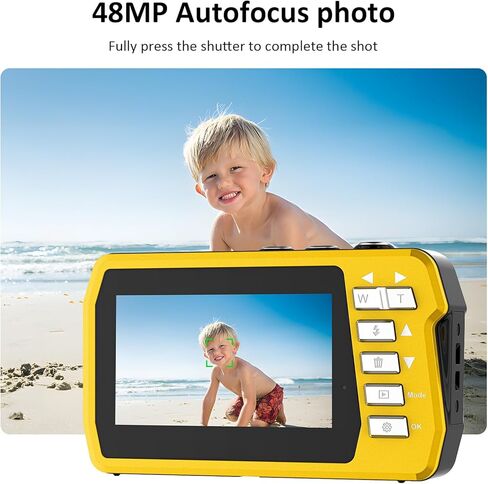4K Underwater Camera with 32GB Card 11FT Waterproof Camera 48MP Autofocus IPS Dual-Screen(3"/2") Selfie Underwater Cameras for Snorkeling, Digital Camera 1500mAh Battery Cover Easy to Open(Yellow) in Kuwait