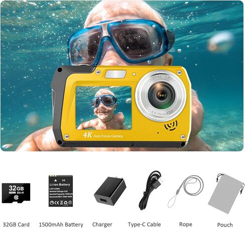 4K Underwater Camera with 32GB Card 11FT Waterproof Camera 48MP Autofocus IPS Dual-Screen(3"/2") Selfie Underwater Cameras for Snorkeling, Digital Camera 1500mAh Battery Cover Easy to Open(Yellow) in Kuwait