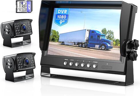 ZEROXCLUB 9 Inch HD Backup Camera System Kit with Monitor, Loop Recording, Wired Rear Camera+Side Camera, IR Night Vision Waterproof Camera with Parking Lines for Bus, Truck, Trailer, RV, BY904A in Kuwait