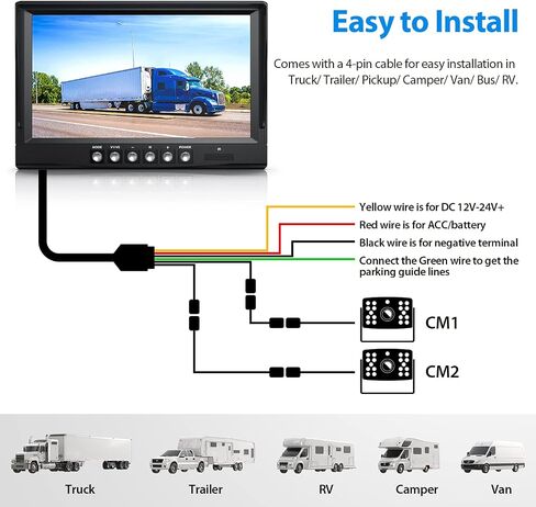 ZEROXCLUB 9 Inch HD Backup Camera System Kit with Monitor, Loop Recording, Wired Rear Camera+Side Camera, IR Night Vision Waterproof Camera with Parking Lines for Bus, Truck, Trailer, RV, BY904A in Kuwait