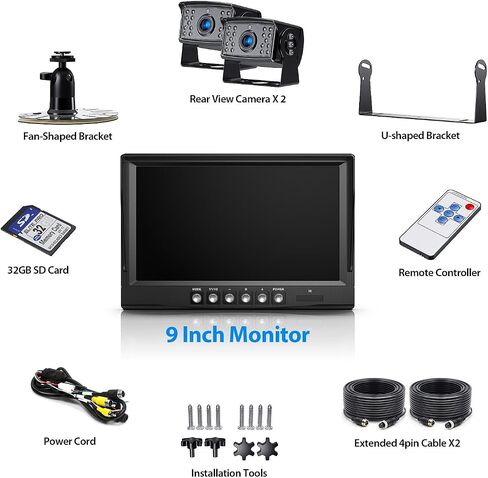 ZEROXCLUB 9 Inch HD Backup Camera System Kit with Monitor, Loop Recording, Wired Rear Camera+Side Camera, IR Night Vision Waterproof Camera with Parking Lines for Bus, Truck, Trailer, RV, BY904A in Kuwait