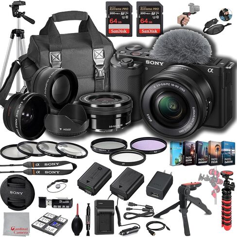 Sony ZV-E10 Mirrorless Camera with 16-50mm Lens, 128GB Extreem Speed Memory,.43 Wide Angle & 2X Lenses, Case. Tripod, Filters, Hood, Grip,Spare Battery & Charger, Editing Software Kit -Deluxe Bundle in Saudi Arabia
