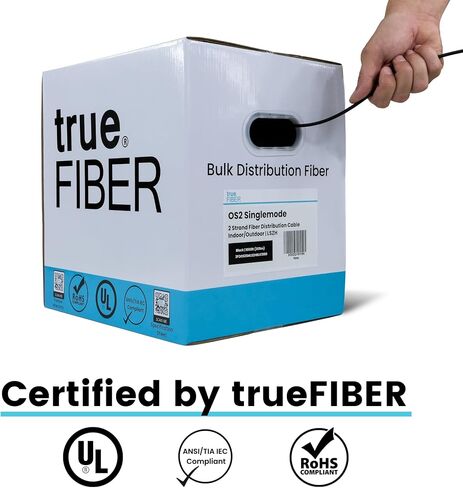trueFIBER 2 كابل توزيع داخلي محكم من الألياف السائبة، 1000 قدم (305 م)، OS2 9/125 وضع فردي، 4.0 مم كاملة (OFNP)، مدرج في قائمة UL، دوبلكس 2 ألياف SM بكرة في صندوق in Kuwait